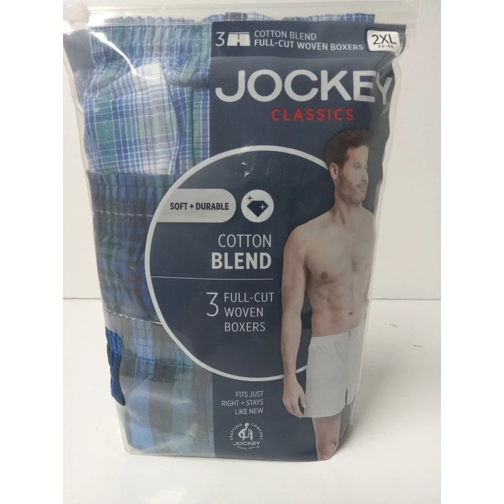 Men's 3-Pack 2XL Jockey Woven Boxer Shorts Cotton Blend Full Cut Blue‎ Plaid NEW